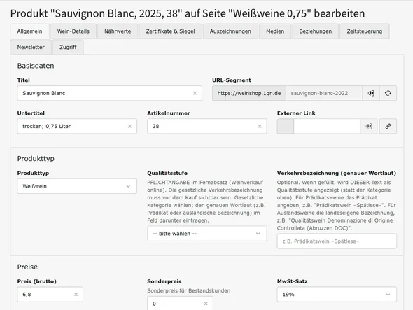 Produktmaske, Reiter Allgemein: Titel, Artikelnummer, Produkttyp, Qualitätsstufe, Preise, Inhalt in Litern, Lagerbestand und Beschreibung