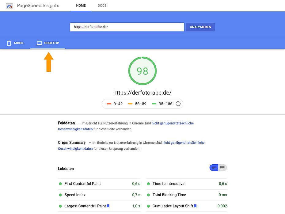 Google Geschwindigkeitstest von Webseiten DESKTOP