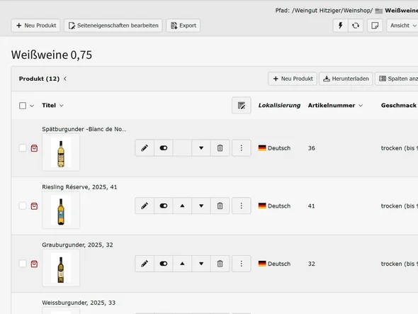 Bildschirmfoto der Produktliste im TYPO3-Backend: Weißweine 0,75 l mit Flaschenbild, Artikelnummer und Geschmacksangabe je Wein