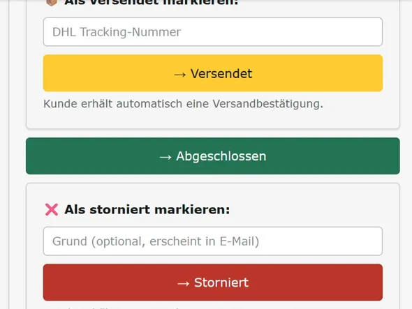Status einer Bestellung ändern: Sendungsnummer eintragen und als versendet markieren, stornieren, als bezahlt markieren, PDF-Rechnung herunterladen