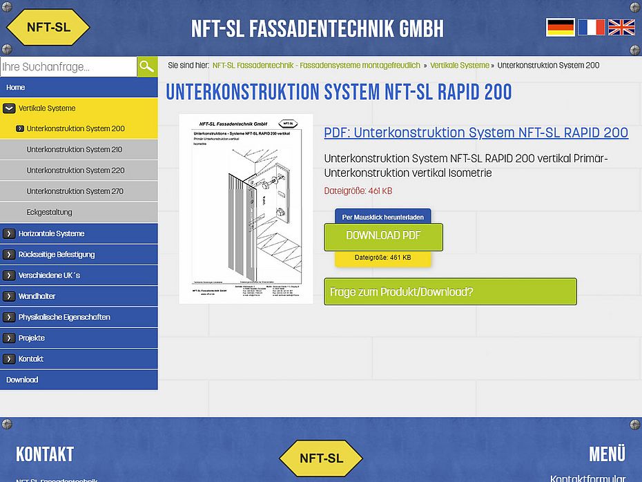 Webseite der NFT-SL Fassadentechnik GmbH - Produktseite