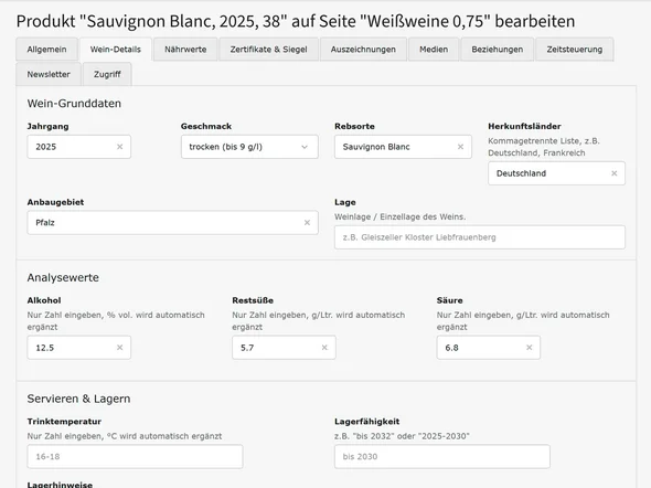 Reiter Wein-Details: Jahrgang 2025, Geschmack trocken, Rebsorte Sauvignon Blanc, Anbaugebiet Pfalz, Alkohol, Restsüße, Säure, Trinktemperatur und Lagerfähigkeit