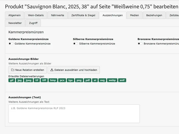 Reiter Auszeichnungen: Kammerpreismünzen in Gold, Silber und Bronze, weitere Auszeichnungen als Bild oder Text