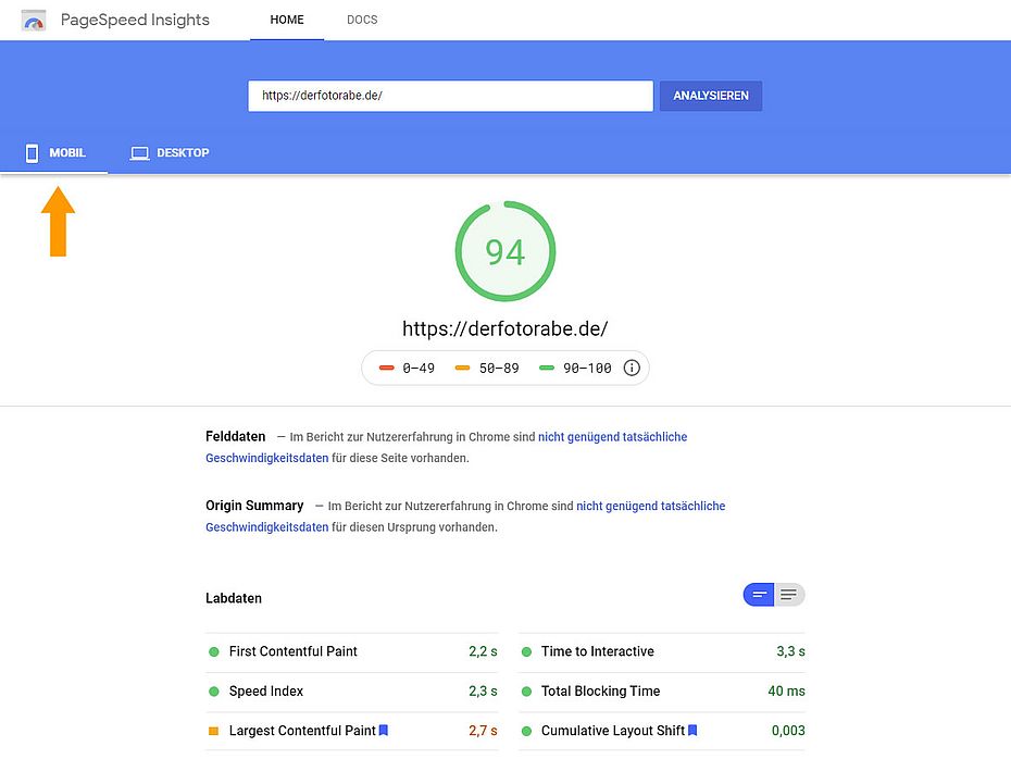 Google Geschwindigkeitstest von Webseiten MOBIL