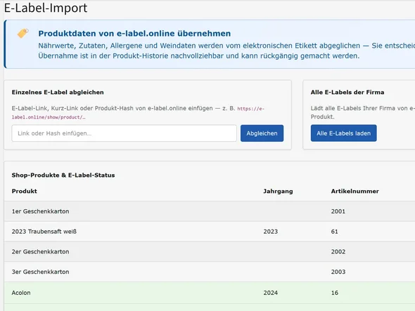 Modul E-Label-Import: einzelnes E-Label abgleichen oder alle E-Labels der Firma laden, Liste der Shop-Produkte mit Status verknüpft oder offen