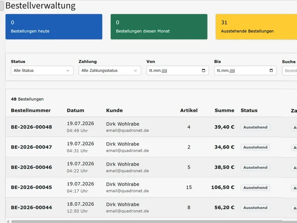 Bestellverwaltung: Kennzahlen zu offenen und unbezahlten Bestellungen, Filter nach Status, Zahlung und Zeitraum, Liste der Bestellungen mit Summe und Versandart