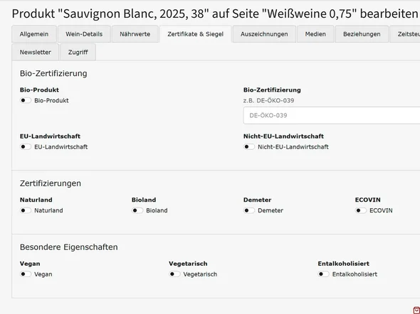 Reiter Zertifikate und Siegel: Schalter für Bio-Produkt, Kontrollstellen-Nummer, Naturland, Bioland, Demeter, ECOVIN, vegan, vegetarisch und entalkoholisiert