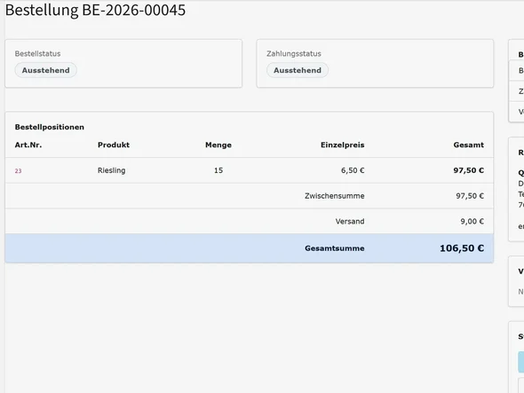 Bestellung im Detail: Positionen mit Einzel- und Gesamtpreis, Versandkosten, Zahlungs- und Versandart, Rechnungsadresse