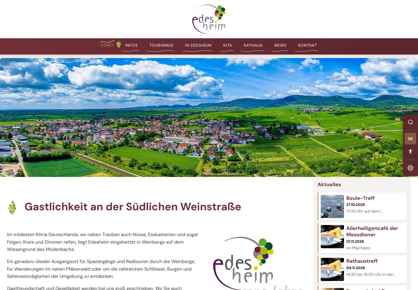 Startseite der Gemeinde Edesheim: Luftbild des Ortes zwischen Weinbergen, darüber Logo und Navigation