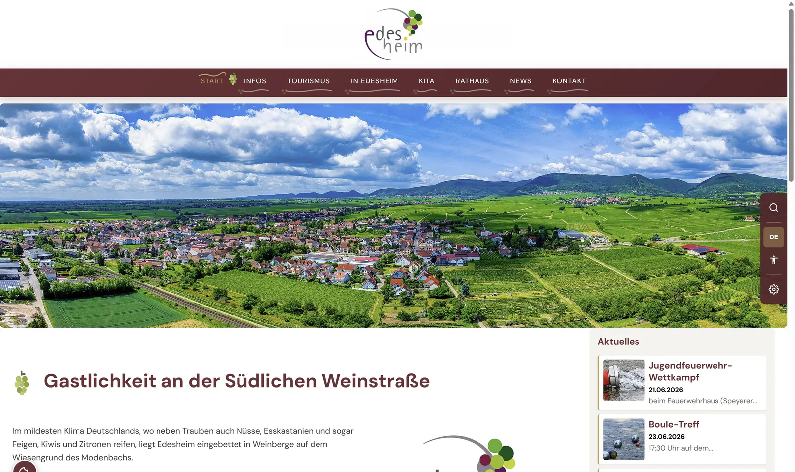 Startseite von edesheim.de mit Luftbild der Weinberge